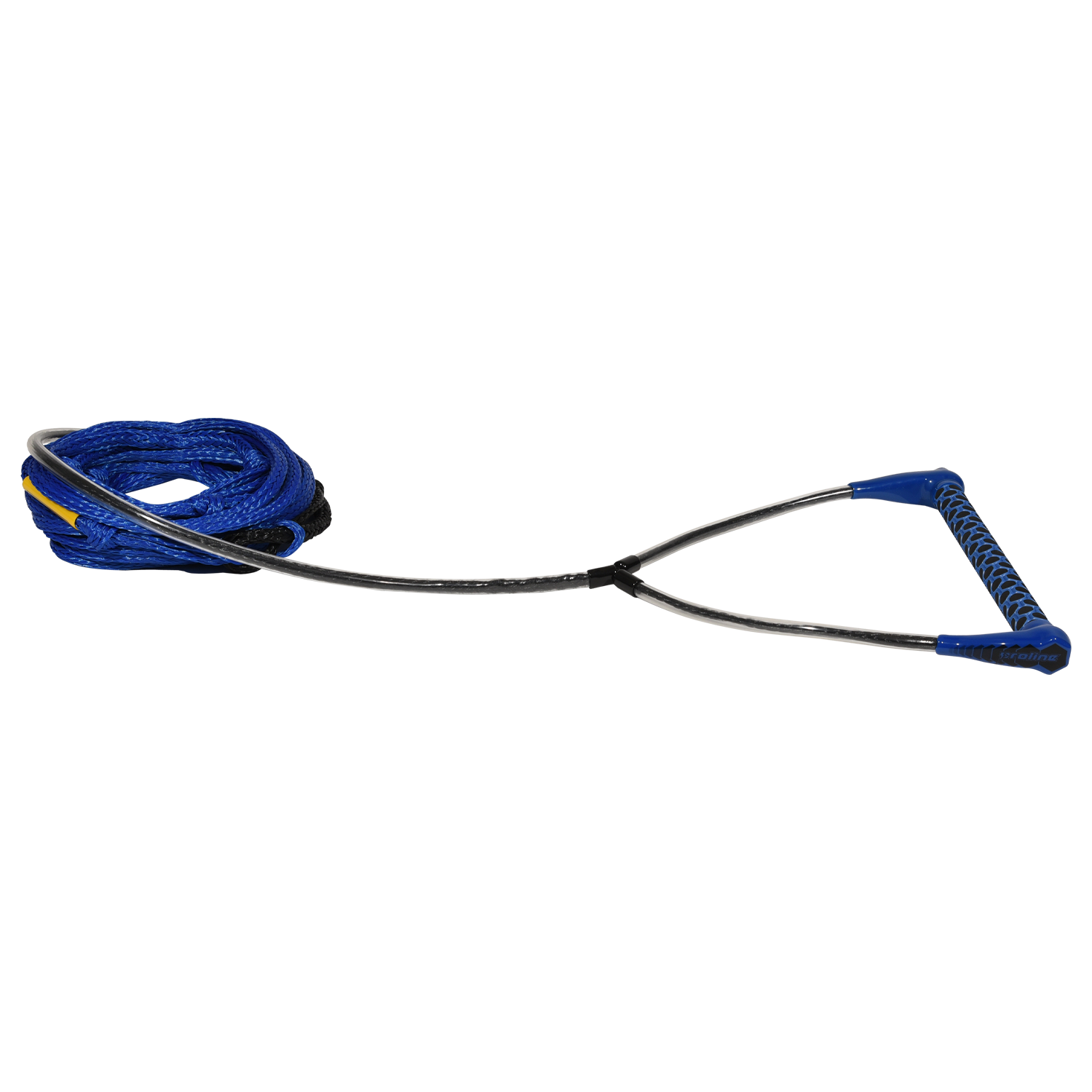 Angled view of Classic handle with blue end caps and grip, attached to coiled blue rope.