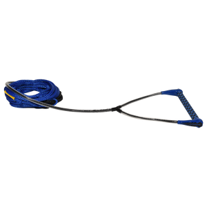 Angled view of Classic handle with blue end caps and grip, attached to coiled blue rope.
