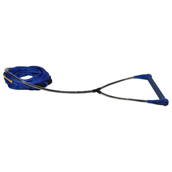 Angled view of Classic handle with blue end caps and grip, attached to coiled blue rope.