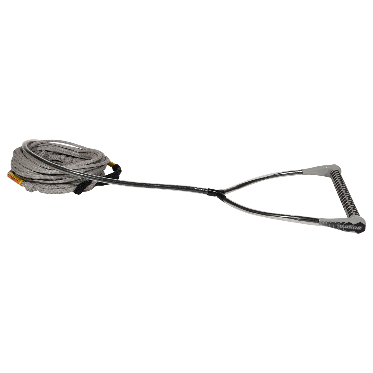 Angled view of Classic handle with gray end caps and grip, attached to coiled gray rope.