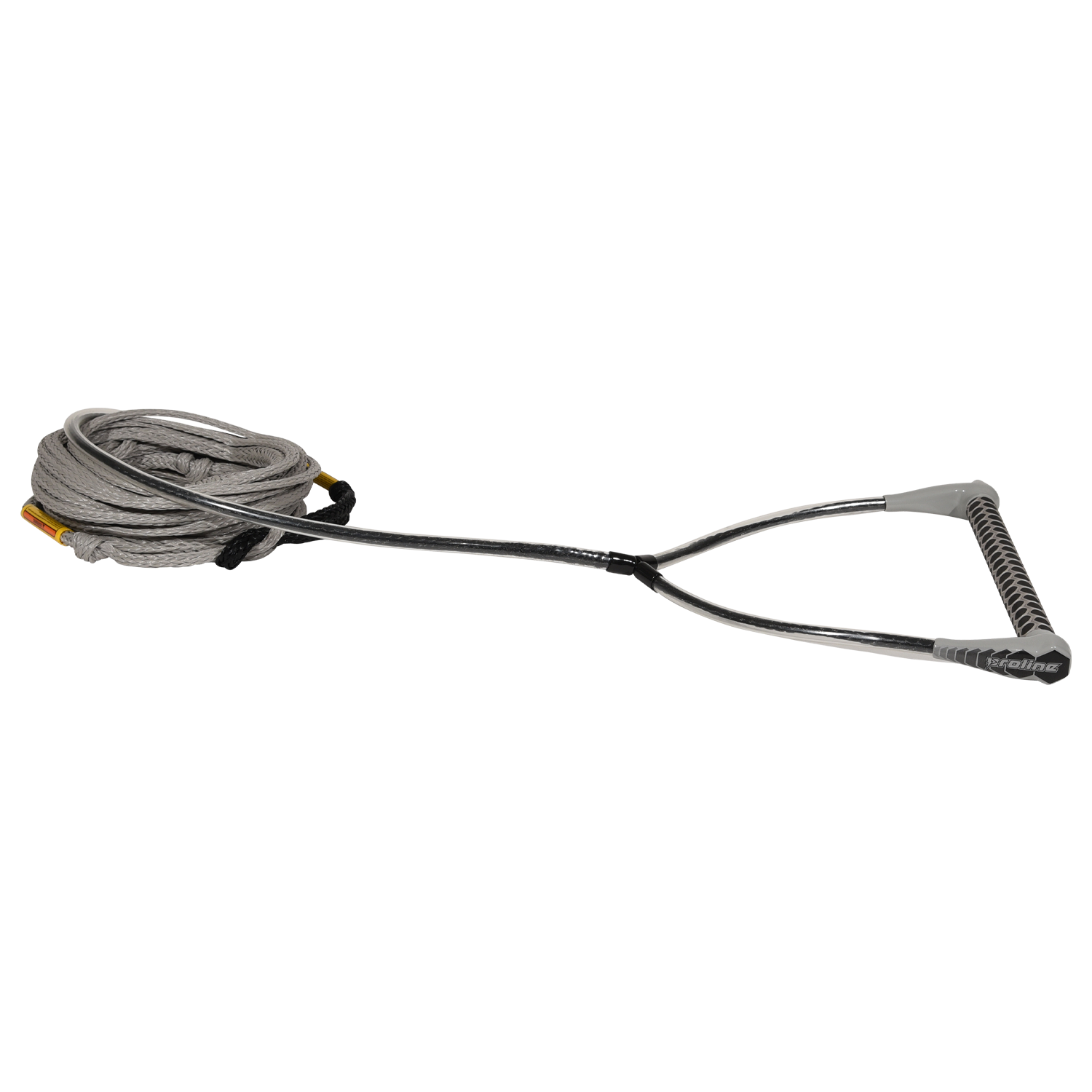 Angled view of Classic handle with gray end caps and grip, attached to coiled gray rope.