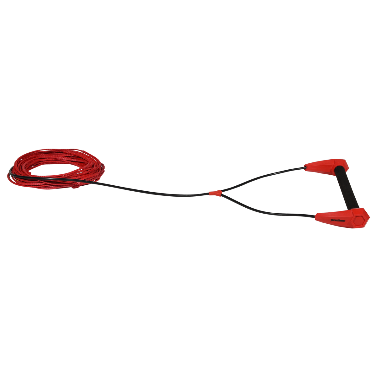 Angled view of Torq handle with black grip and red end caps attached to red rope.