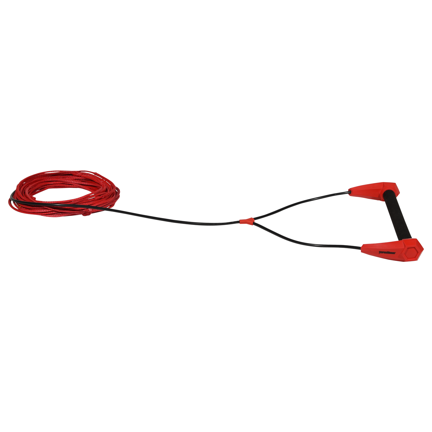 Angled view of Torq handle with black grip and red end caps attached to red rope.