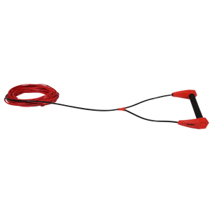 Angled view of Torq handle with black grip and red end caps attached to red rope.