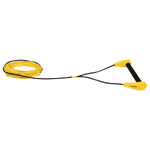 Angled view of Torq handle with black grip and yellow end caps attached to yellow rope.