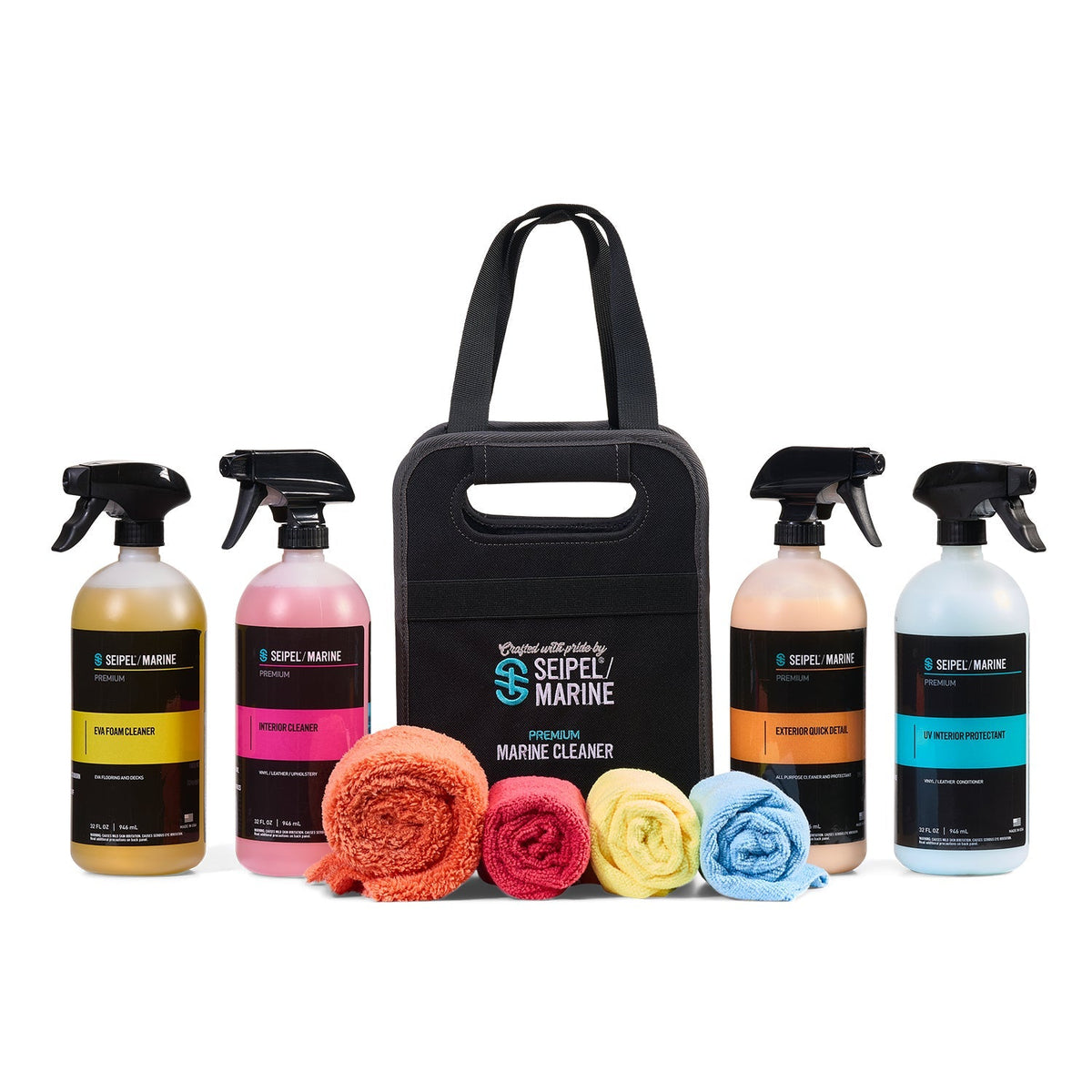 Seipel Marine premium marine cleaner kit with spray bottles, microfiber towels, and carry bag.