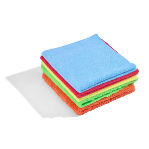 Stack of multicolor microfiber cleaning towels neatly folded.
