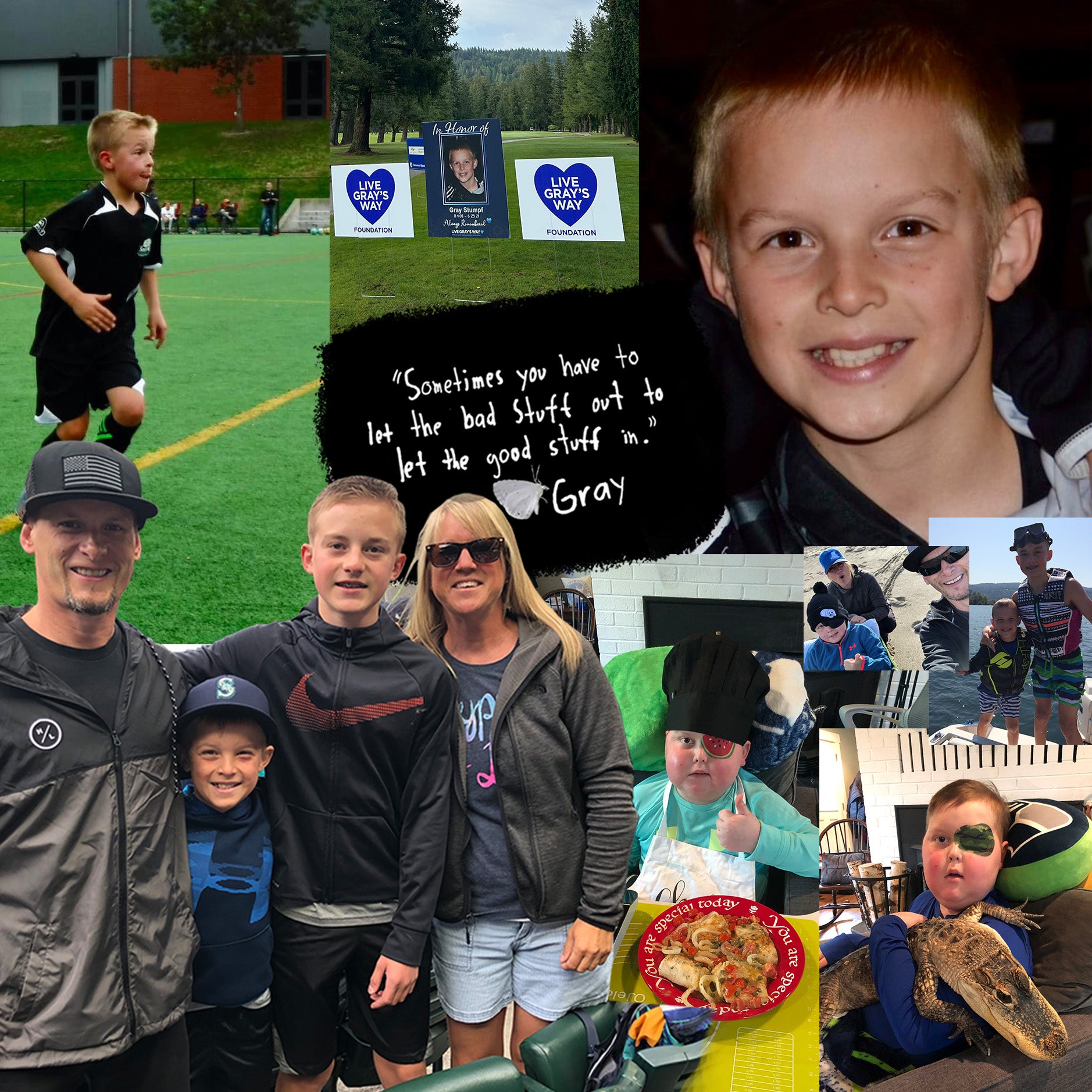 Collage of a family at a sports event, a memorial sign, and a young boy smiling.