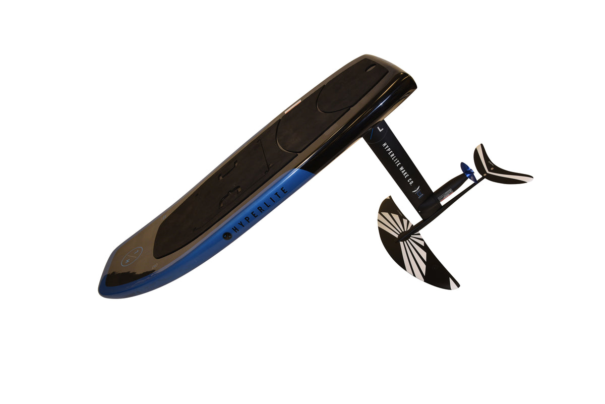 Angled view of the Stratos e-foil board in black and blue with hydrofoil and propeller attached.