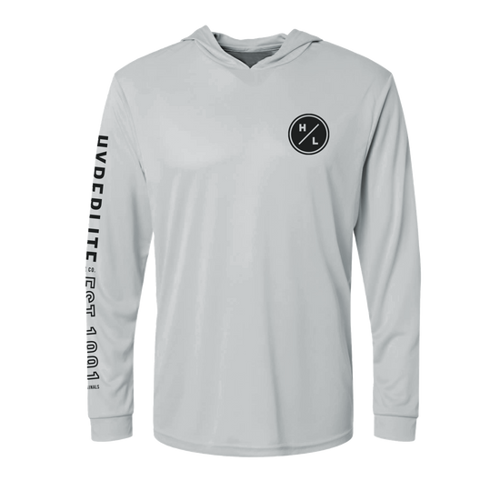 Spectrum LS UPF Tee, gray with HYPERLITE on sleeve, chest logo, quick dry material.