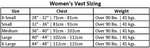 Indy Womens CGA Vest size chart: chest (in/cm) and weight (lbs/kgs).