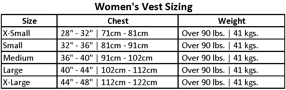 Indy Womens CGA Vest size chart: chest (in/cm) and weight (lbs/kgs).
