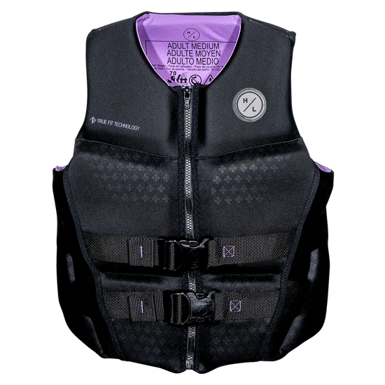 Front view of Ambition - Women's CGA Vest in black with lavender lining, diamond print and Hyperlite patch.