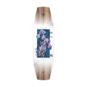 Top-down view of the Aries wakeboard top in white and wood-grain with a purple iris graphic.