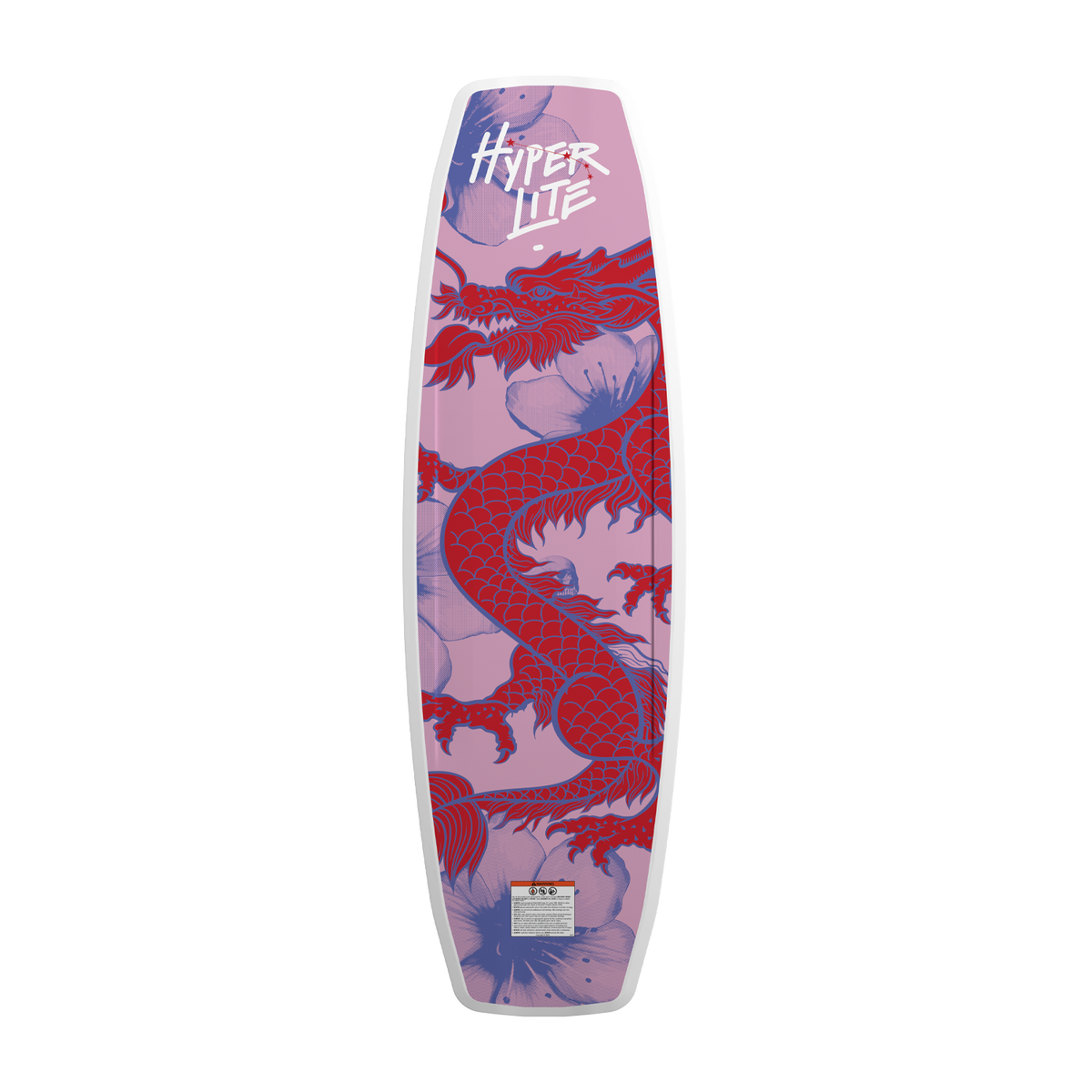 Top-down view of the Aries wakeboard base in pink with a red dragon and floral graphic.