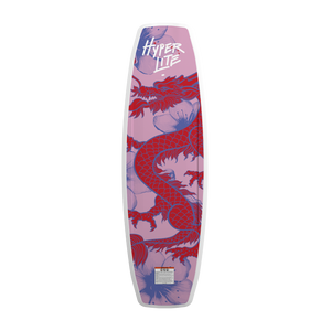 Top-down view of the Aries wakeboard base in pink with a red dragon and floral graphic.