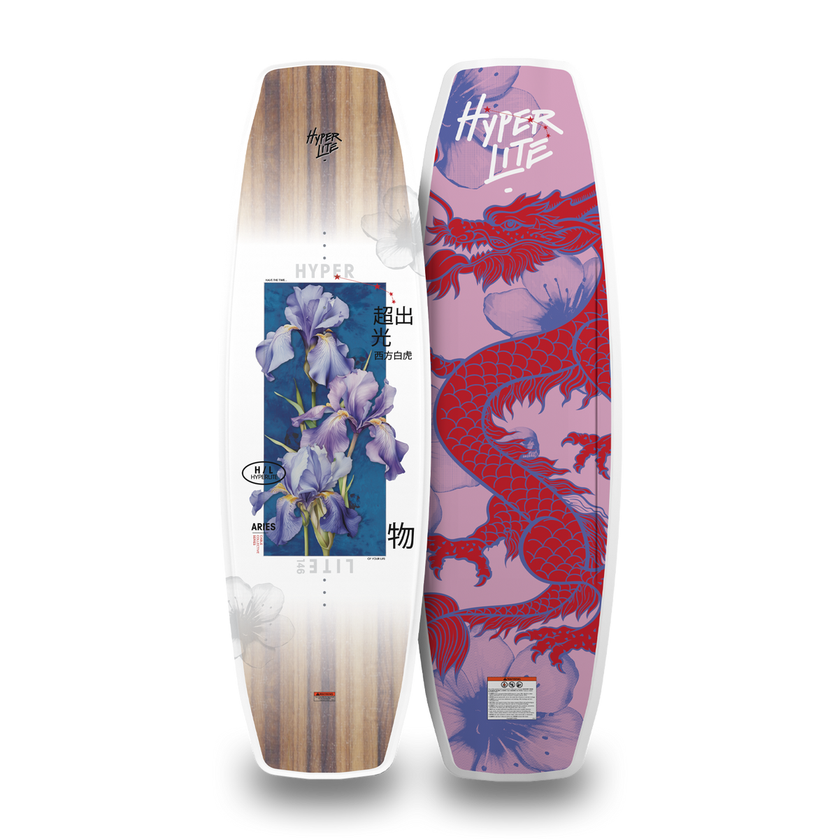 Front and back views of the Aries wakeboard with a white iris-print top and pink dragon base.