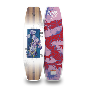 Front and back views of the Aries wakeboard with a white iris-print top and pink dragon base.
