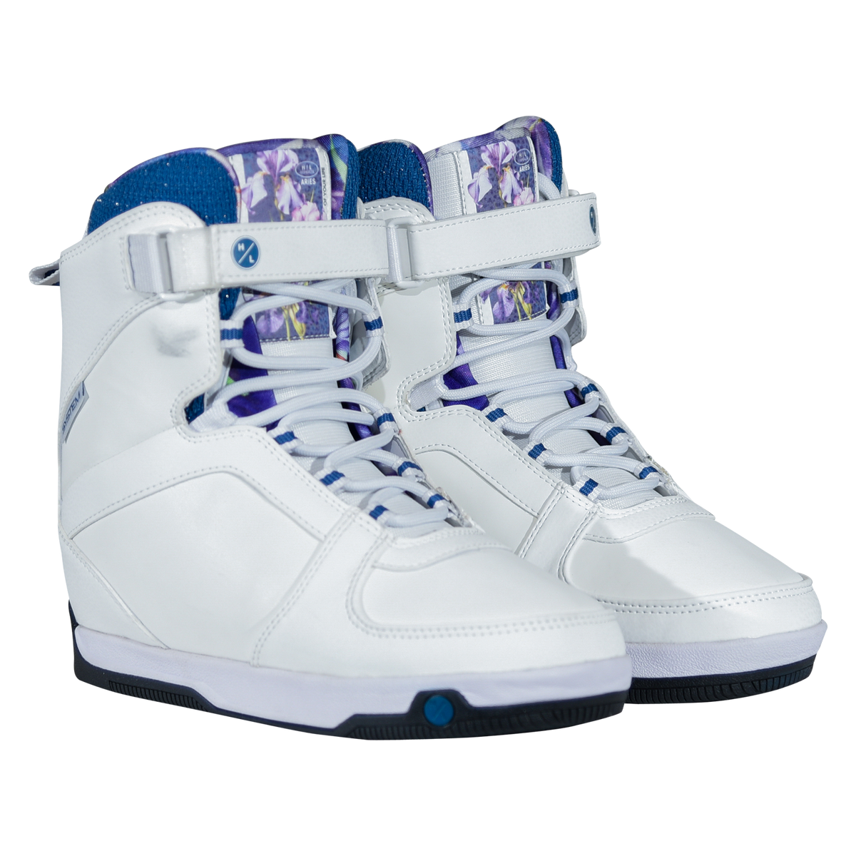 Angled view of a pair of white Aries Boots with iris floral tongues, navy-striped laces, and ankle straps.