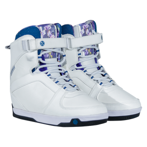 Angled view of a pair of white Aries Boots with iris floral tongues, navy-striped laces, and ankle straps.