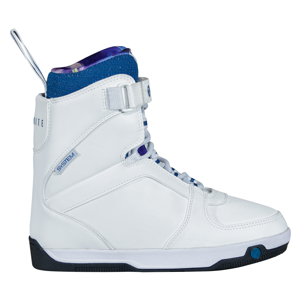 Side view of the white Aries Boot with a navy knit collar, heel pull loop, and a System label on the ankle.