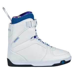 Side view of the white Aries Boot with a navy knit collar, heel pull loop, and a System label on the ankle.