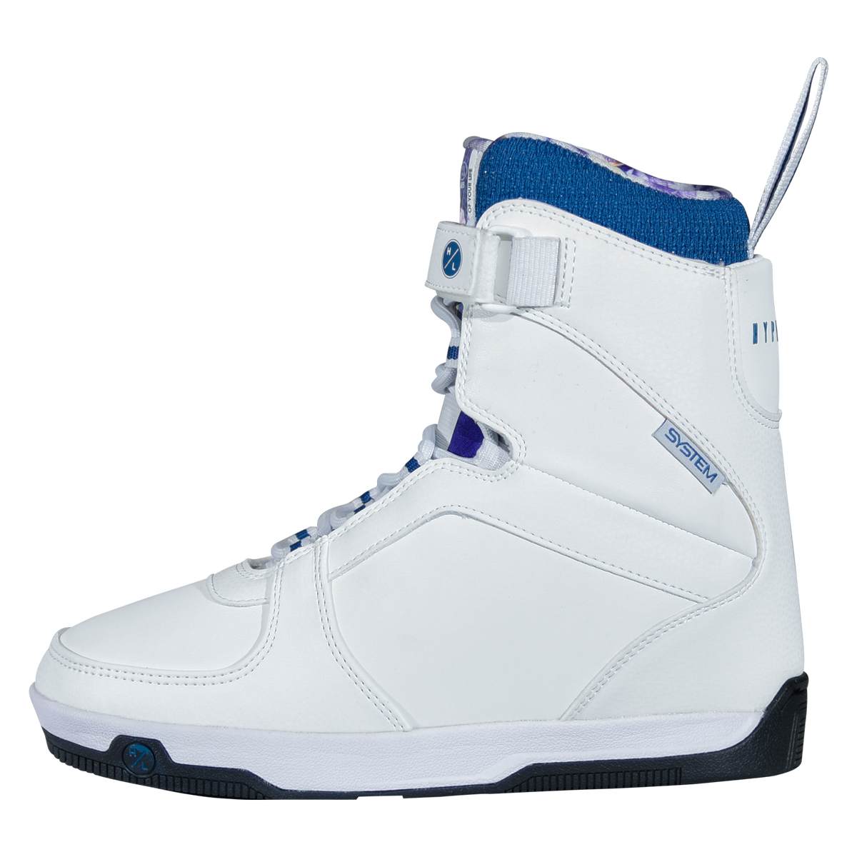 Side view of the white Aries Boot facing left, with an ankle strap, navy-striped laces, and a pull loop.