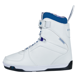 Side view of the white Aries Boot facing left, with an ankle strap, navy-striped laces, and a pull loop.