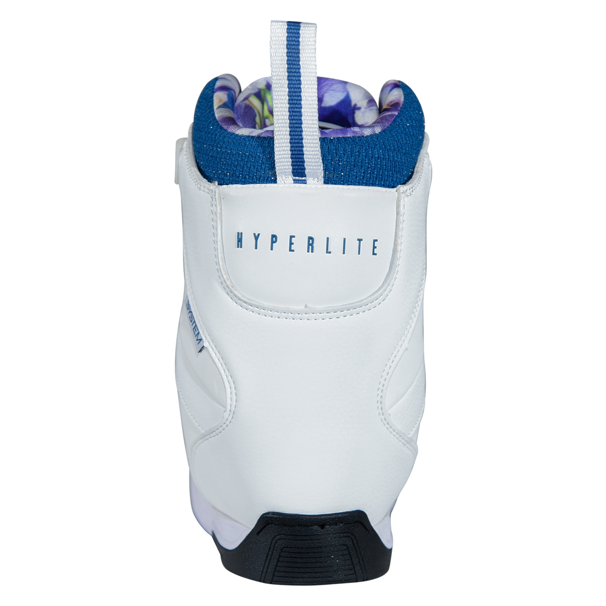 Back view of the white Aries Boot with a navy-striped heel pull loop, navy knit collar, and a Hyperlite logo.