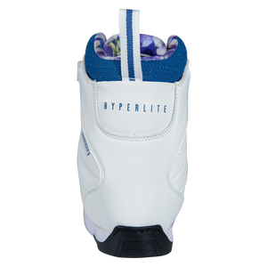 Back view of the white Aries Boot with a navy-striped heel pull loop, navy knit collar, and a Hyperlite logo.