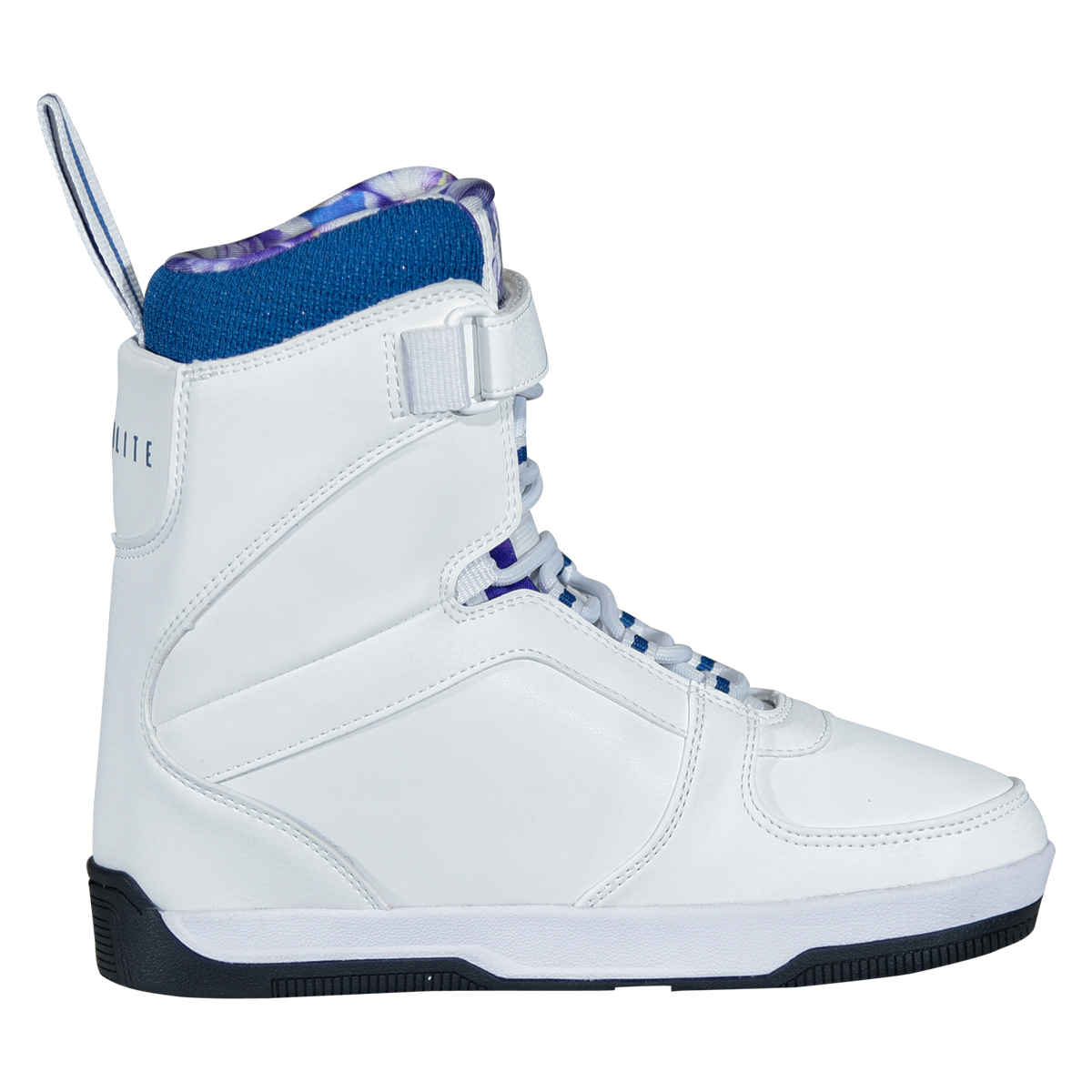 Side view of the white Aries Boot's plain upper, with a navy knit collar and iris floral lining at the cuff.