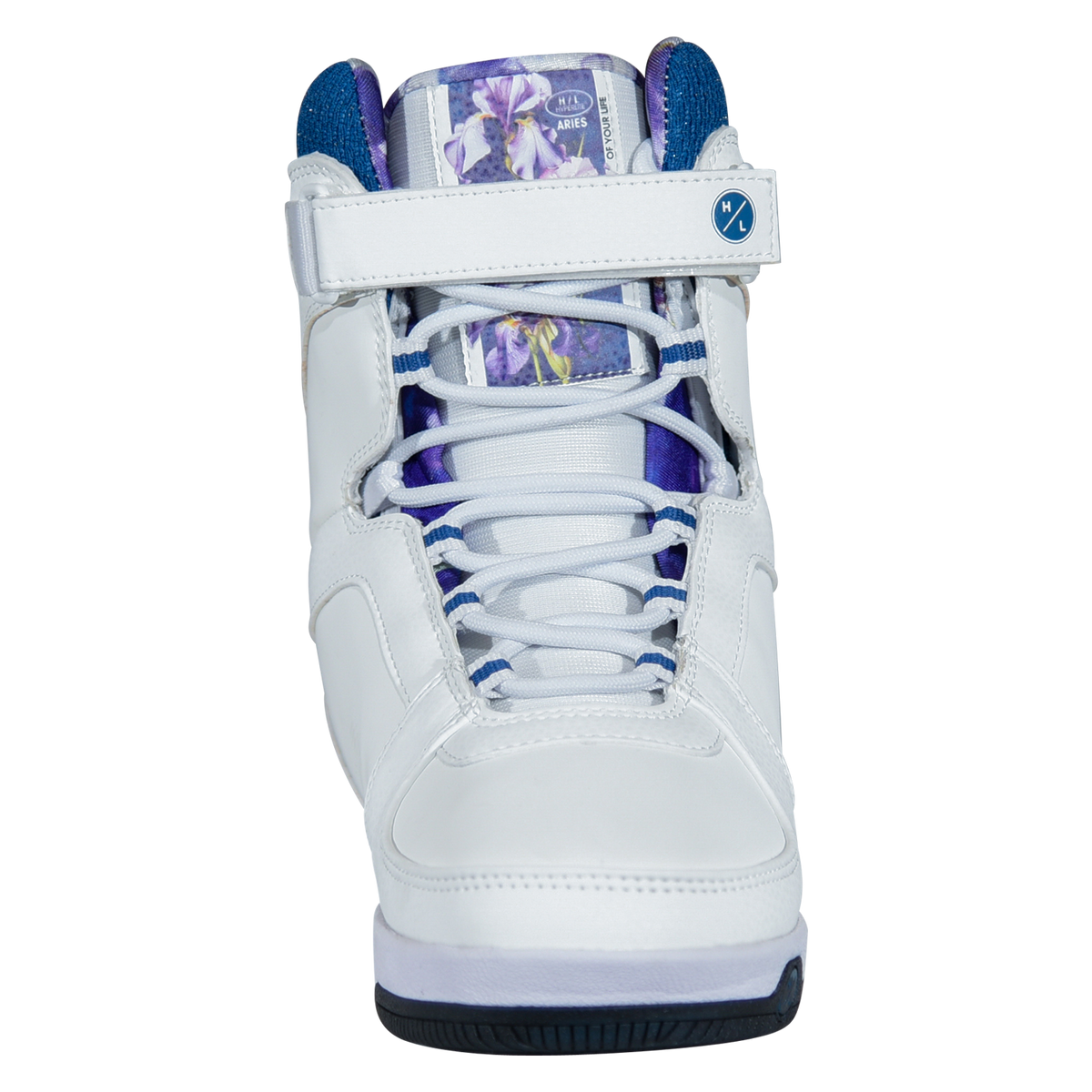Front view of the white Aries Boot with navy-striped laces, an ankle strap, and an iris floral tongue.
