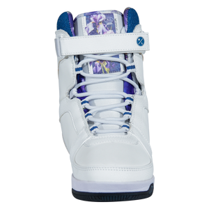 Front view of the white Aries Boot with navy-striped laces, an ankle strap, and an iris floral tongue.