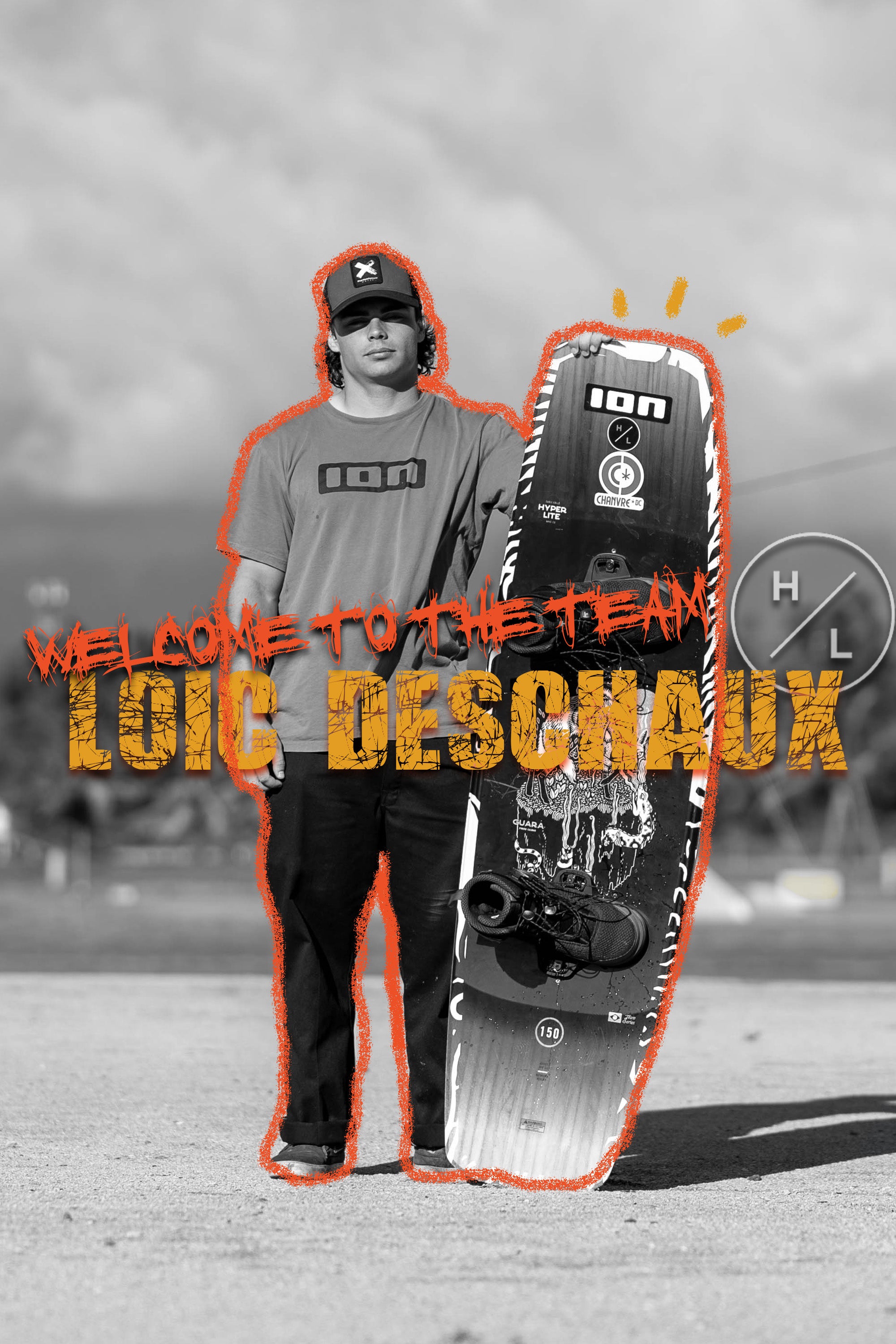 Man in casual wear holding a kiteboard, captioned Welcome to the Team Loic Deschaux.