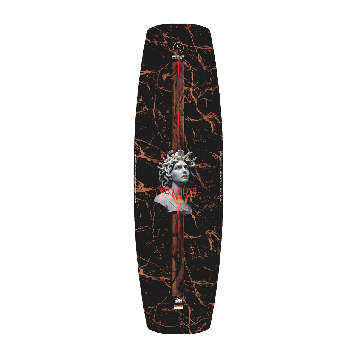 Top-down view of the Bloodline wakeboard's black and copper marble top with a Medusa bust.