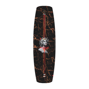 Top-down view of the Bloodline wakeboard's black and copper marble top with a Medusa bust.
