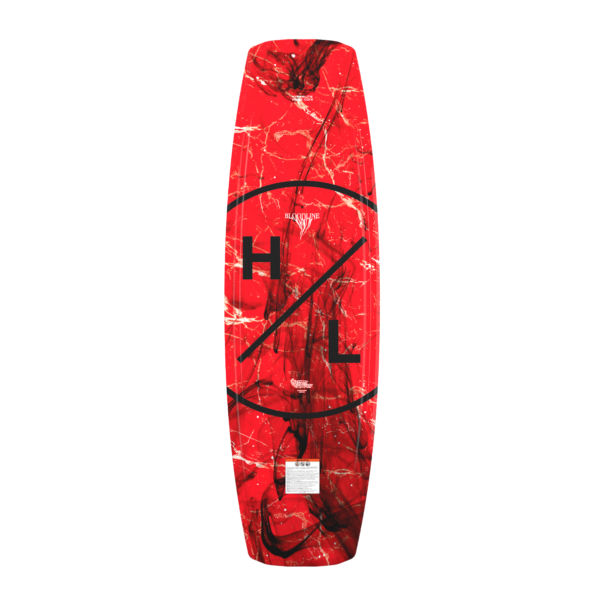 Top-down view of the Bloodline wakeboard's red marble base with a black H/L logo.