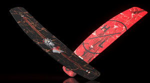Angled view of two crossed Bloodline wakeboards with a Medusa top and red H/L base.
