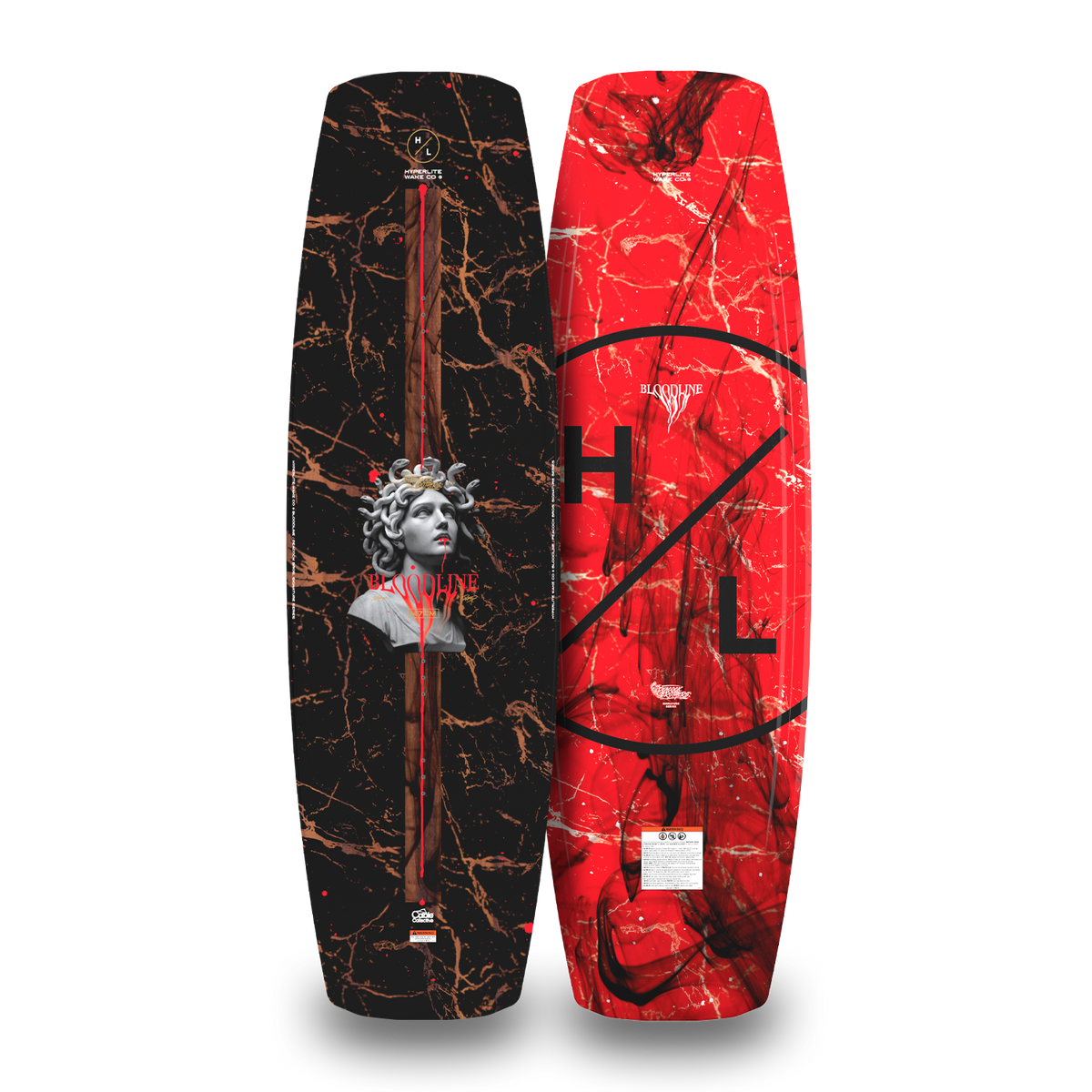 Front and back views of the Bloodline wakeboard show the black Medusa top and red H/L logo base.