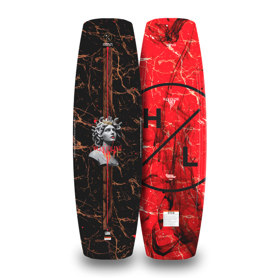 Front and back views of the Bloodline wakeboard show the black Medusa top and red H/L logo base.