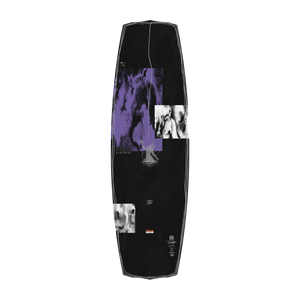 Top view of black and purple Blueprint wakeboard with smoky abstract graphic panels.