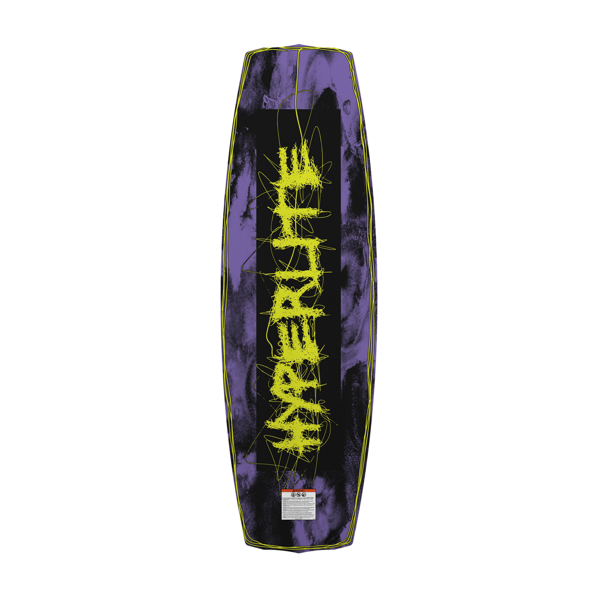 Bottom view of purple and black Blueprint wakeboard with scrawled neon yellow Hyperlite logo.