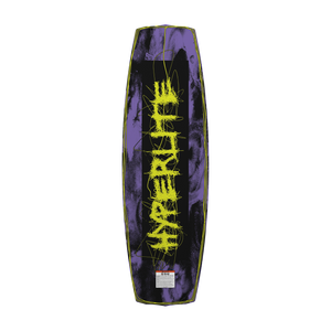 Bottom view of purple and black Blueprint wakeboard with scrawled neon yellow Hyperlite logo.