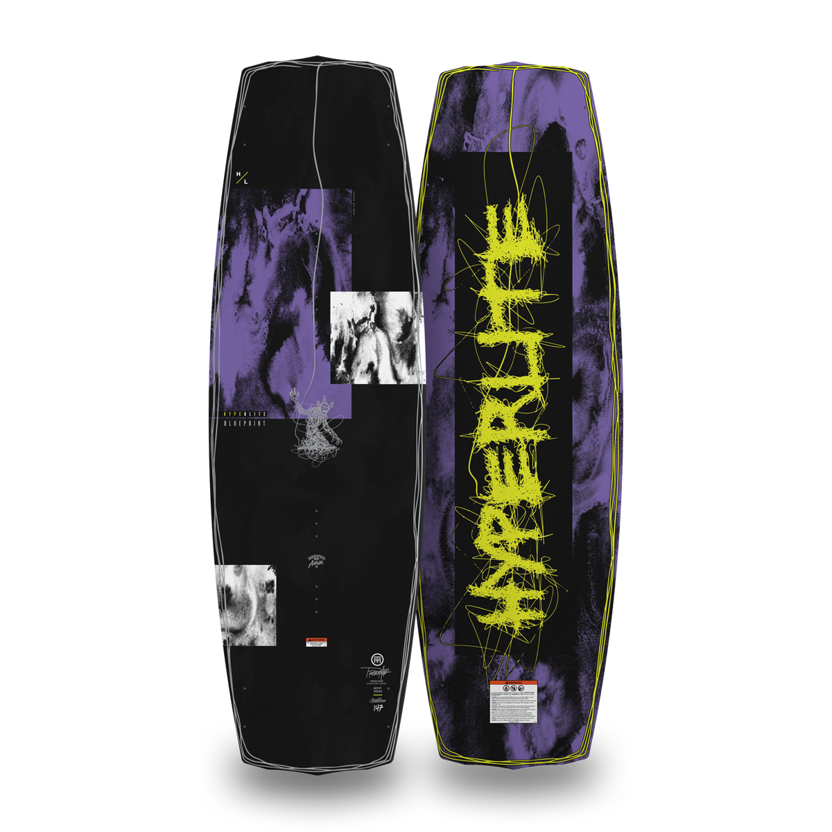 Top and bottom views of black and purple Blueprint wakeboard with smoky graphic and neon yellow logo.