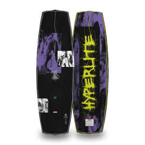 Top and bottom views of black and purple Blueprint wakeboard with smoky graphic and neon yellow logo.