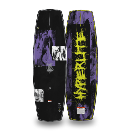 Top and bottom views of black and purple Blueprint wakeboard with smoky graphic and neon yellow logo.