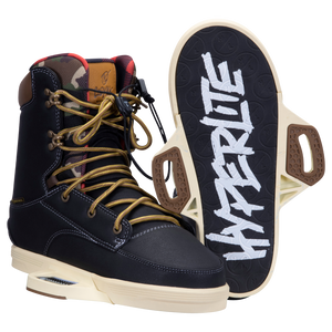 Codyak Binding 2022: Black boots with gold laces, HYPERLITE on the Fusion Plate System sole.