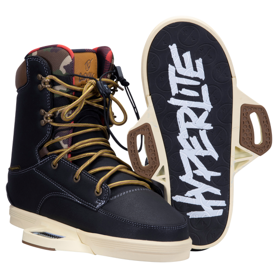 Codyak Binding 2022: Black boots with gold laces, HYPERLITE on the Fusion Plate System sole.