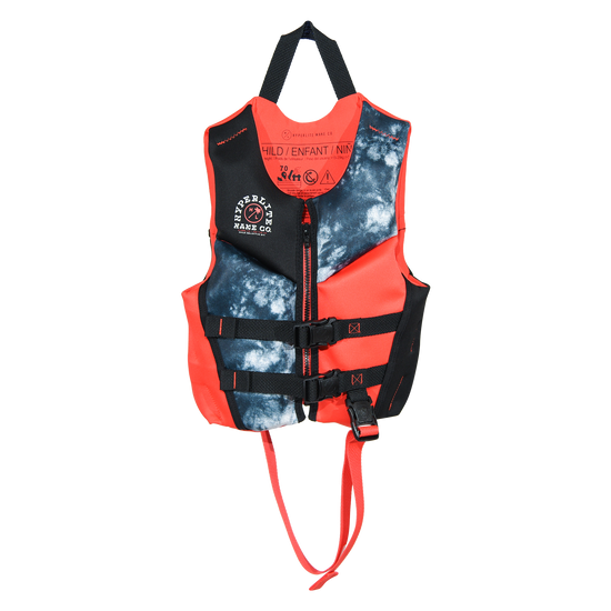 Front view of Boys Child Indy - CGA Vest in red with blue tie-dye panels, a top grab handle and a leg strap.