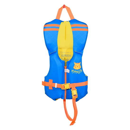 Front view of Boys Toddler Indy - CGA Vest in blue with a yellow collar, tiger Hyperlite logo and leg strap.